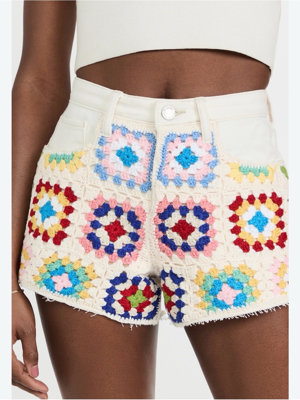 Blank NYC White Denim Shorts with Multicolor Crochet Patchwork.. high rise